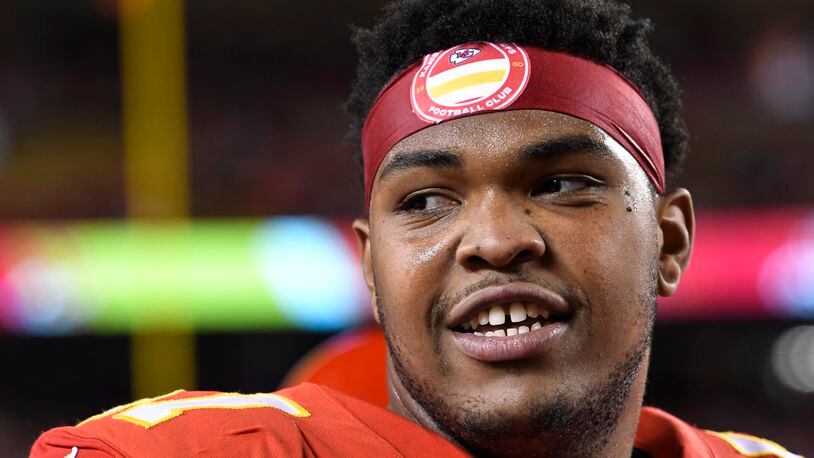 FILE - Kansas City Chiefs offensive tackle Orlando Brown is shown on the sidelines during the second half of an NFL football game against the Pittsburgh Steelers, Sunday, Dec. 26, 2021 in Kansas City, Mo. (AP Photo/Reed Hoffmann, File)