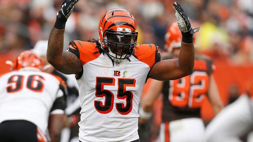CLEVELAND, OH - DECEMBER 6: Vontaze Burfict #55 of the Cincinnati Bengals reacts to a second quarter defensive stop while playing the Cleveland Browns at FirstEnergy Stadium on December 6, 2015 in Cleveland, Ohio. (Photo by Gregory Shamus/Getty Images)