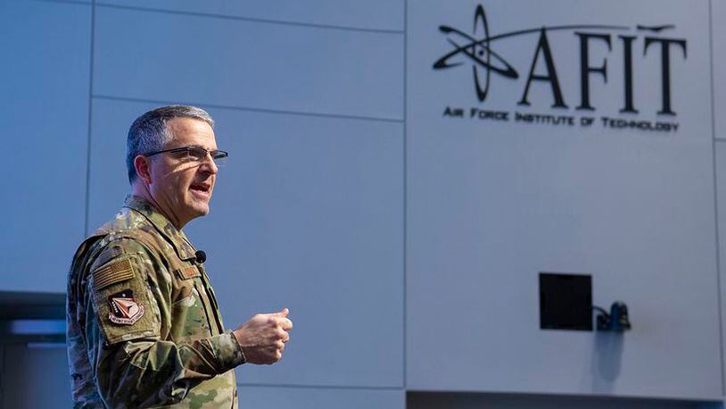 Maj. Gen. William Cooley, who was removed as Air Force Research Laboratory commander in January 2020, gave the keynote presentation at the Air Force Institute of Technology centennial symposium on Wright-Patterson Air Force Base in November 2019. (U.S. Air Force photo by R.J. Oriez)