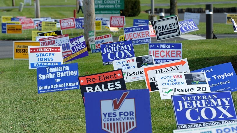A political "sign farm" outside the Greene County Board of Elections on Ledbetter Rd. in Xenia. MARSHALL GORBY\STAFF