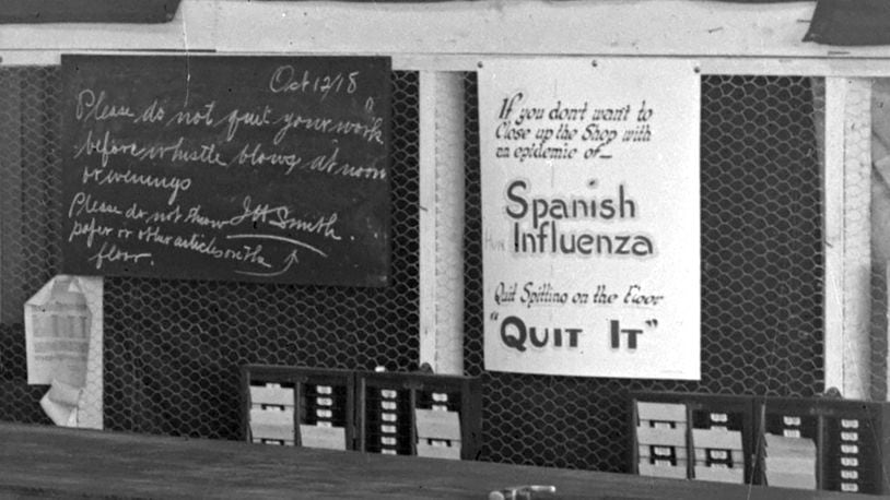 A sign posted in the Dayton-Wright Airplane Company in 1918 reads "If you don't want to close up the shop with an epidemic of Spanish Influenza quit spitting on the floor." DAYTON WRIGHT AIRPLANE COMPANY PHOTOGRAPHS / WRIGHT STATE UNIVERSITY SPECIAL COLLECTIONS