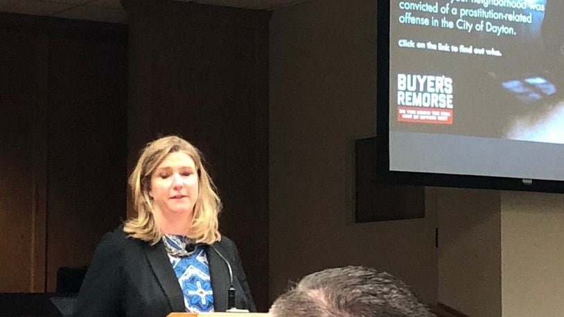 Dayton Mayor Nan Whaley talks about a new city initiative aimed at curbing prostitution on Friday, Jan. 11, 2019 at City Hall. The city will list the names and addresses of men convicted of prostitution-related offenses, then buy geo-targeted social media ads to inform the men’s neighbors. STAFF