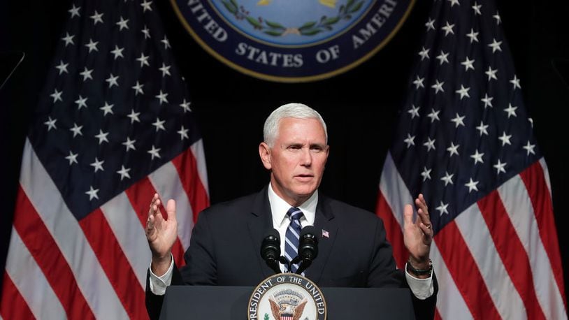 Vice President Mike Pence announces the Trump Administration's plan to create the U.S. Space Force by 2020 during a speech at the Pentagon August 9, 2018, in Arlington, Virginia. Describing space as adversarial and crowded and citing threats from China and Russia, Pence said the new Space Force would be a separate, sixth branch of the military.