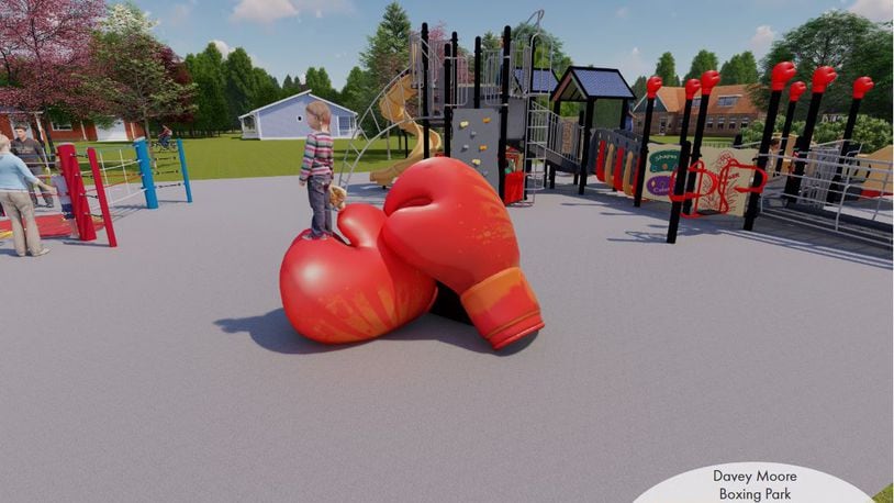 National Trail Parks and Recreation District and city of Springfield officials plan to spend about $450,000 on a boxing themed accessible playground at Davey Moore Park, shown here in artist renditions. Moore was a champion boxer from Springfield who died after a fight. CONTRIBUTED