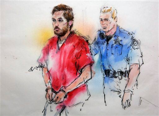 This courtroom sketch shows James Holmes being escorted by a deputy as he arrives at preliminary hearing.