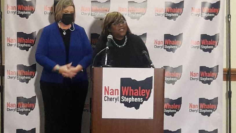 Democratic gubernatorial candidate Nan Whaley, left, introduces her running mate Cheryl Stephens, president of the Cuyahoga County Council, on Jan. 5, 2022.