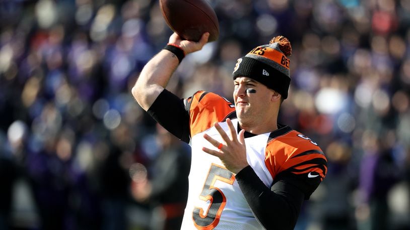 Bengals backup quarterback AJ McCarron warms up prior to a game against the Ravens at M&T Bank Stadium on November 27, 2016 in Baltimore.