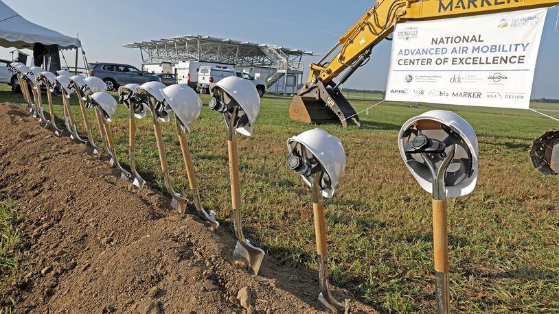 Officials broke ground in August 2022 on the National Advanced Air Mobility Center of Excellence at Springfield-Beckley Municipal Airport. The building, a key for research and future jobs, should be complete later this year. BILL LACKEY/STAFF