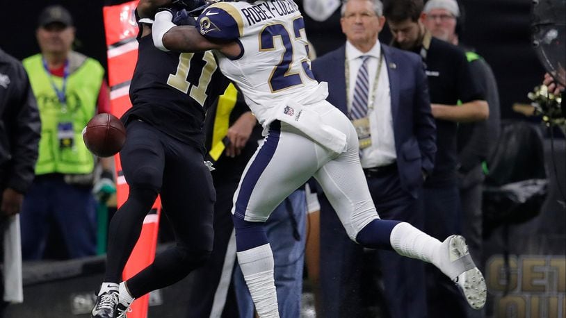 Los Angeles Rams cornerback Nickell Robey-Coleman hit New Orleans Saints wide receiver Tommylee Lewis before the pass arrived, but no pass interference was called.