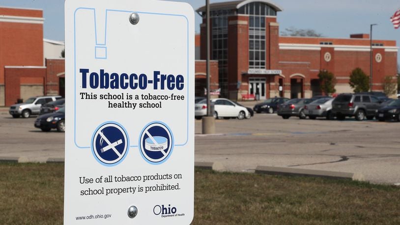 Tecumseh Schools has “Tobacco-Free” signs up around their campus. BILL LACKEY/STAFF