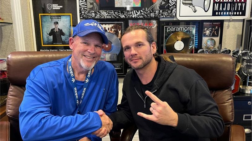 Middletown native Mick Blankenship (right) with Jeff Hanson, who signed the musician to a management deal. Hanson released Blankenship’s new single, “Sands of Time,” on his SMG Records on February 14.