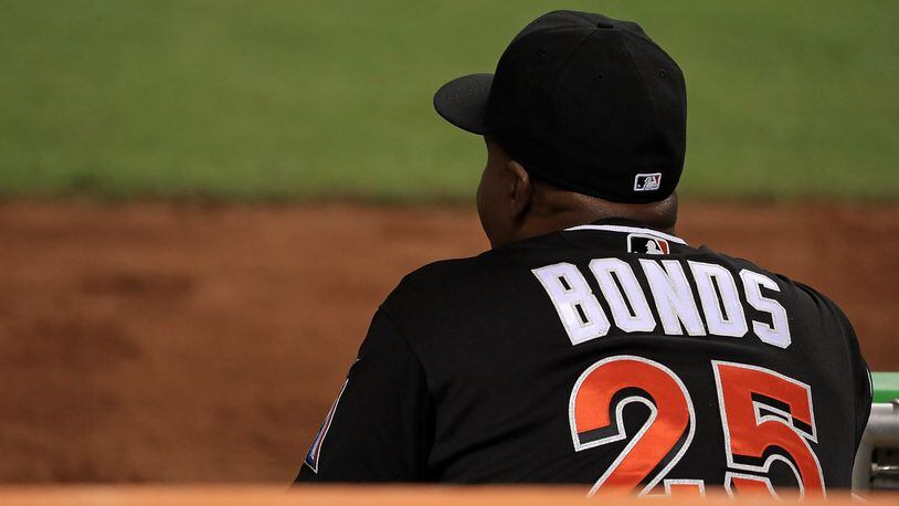 MIAMI, FL - JULY 23: Barry Bonds #25 of the Miami Marlins looks on during a game against the New York Mets at Marlins Park on July 23, 2016 in Miami, Florida.  (Photo by Mike Ehrmann/Getty Images)