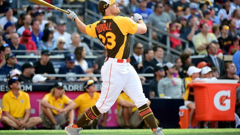 The Reds’ Adam Duvall competes during the Home Run Derby at PETCO Park on July 11, 2016 in San Diego, California. (Photo by Harry How/Getty Images)
