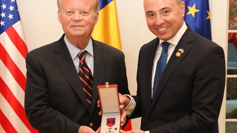 Tony Hall, former US Congressman and ambassador, is presented the Order of the Star of Romania, by Andrei Muraru, Romanian ambassador to the United States, on Wednesday, July 13, 2022, in Washington D.C.  Contributed photo by Lucy Jo Photography