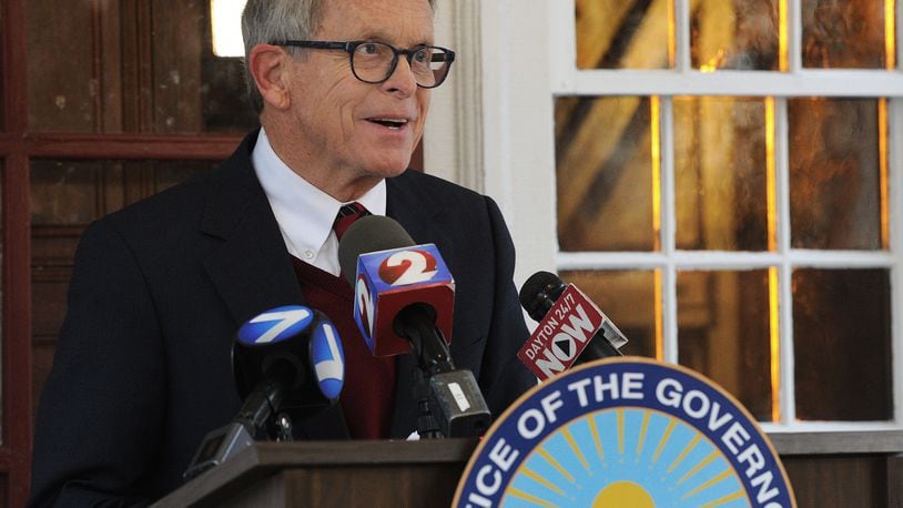 Ohio Governor Mike DeWine gives a press conference from his home early Wednesday morning, Nov 18,. MARSHALL GORBY\STAFF