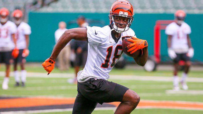 Bengals wide receiver A.J. Green (18) participates in a team practice at Paul Brown Stadium, Tuesday, June 13, 2017. GREG LYNCH / STAFF