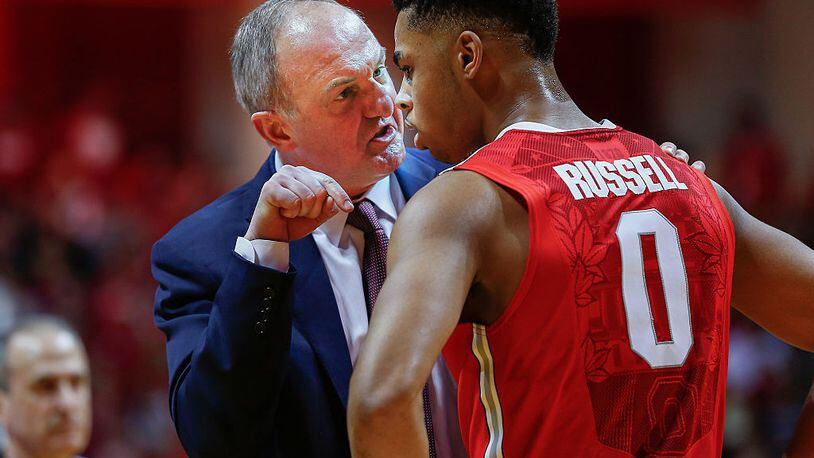 BLOOMINGTON, IN - JANUARY 10: Head coach Thad Matta of the Ohio State Buckeyes talks to D'Angelo Russell #0 of the Ohio State Buckeyes during the game against the Indiana Hoosiers at Assembly Hall on January 10, 2015 in Bloomington, Indiana. Indiana defeated Ohio State 69-66. (Photo by Michael Hickey/Getty Images)