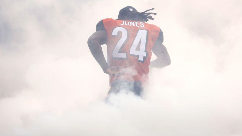 CINCINNATI, OH - OCTOBER 8: Adam Jones #24 of the Cincinnati Bengals runs on to the field prior to the start of the game agains the Buffalo Bills at Paul Brown Stadium on October 8, 2017 in Cincinnati, Ohio. (Photo by Michael Reaves/Getty Images)