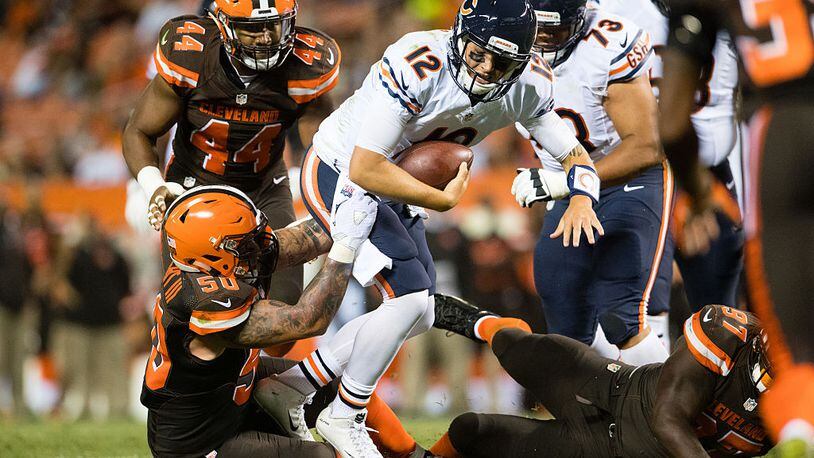 CLEVELAND, OH - SEPTEMBER 1: Inside linebacker Scooby Wright #50 of the Cleveland Browns sacks quarterback David Fales #12 of the Chicago Bears during the third quarter during a preseason game at FirstEnergy Stadium on September 1, 2016 in Cleveland, Ohio. The Bears defeated the Browns 21-7. (Photo by Jason Miller/Getty Images)