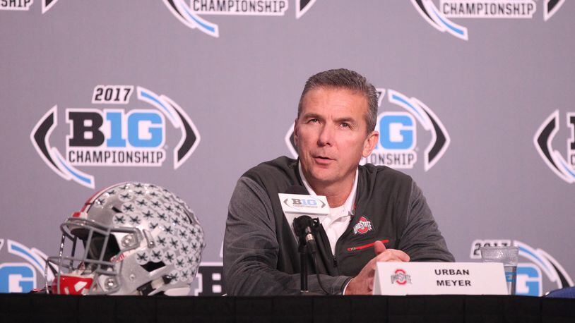 Urban Meyer speaks at a press conference on Friday, Dec. 1, 2017, at Lucas Oil Stadium in Indianapolis.