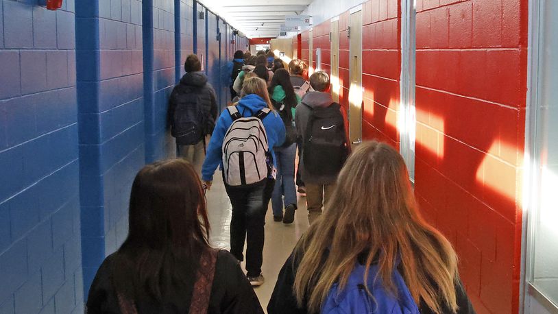 Students walk down a narrow hallway during a class change Tuesday, Feb. 14, 2024 at the Springfield/Clark CTC. BILL LACKEY/STAFF