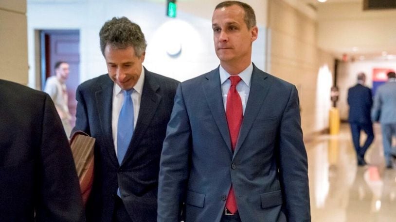 FILE - In this March 8, 2019, photo, President Donald Trump's former campaign manager Corey Lewandowski, right, and his lawyer Peter Chavkin, arrive to meet behind closed doors with the House Intelligence Committee.