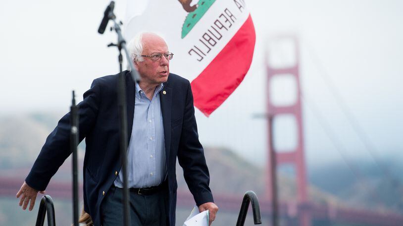 Democratic presidential candidate Sen. Bernie Sanders, I-Vt., arrives at a campaign rally on Monday, June 6, 2016, in San Francisco. (AP Photo/Noah Berger)