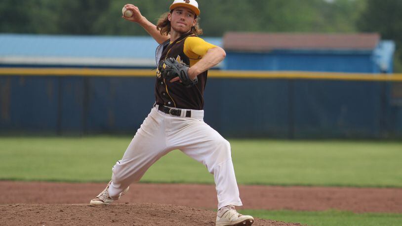 Kenton Ridge junior Drew Wichael came on in relief to slow down Waynesville on Saturday but it wasn’t enough to prevent the Spartans from advancing to the regional baseball semifinals with a 10-8 win. MIKE HARTSOCK / WHIO-TV