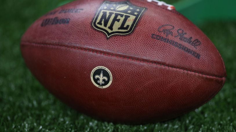 NEW ORLEANS, LA - AUGUST 17:  A view of an official  Wilson Sporting Goods "The Duke" football with a New Orleans Saints team logo is seen  at Mercedes-Benz Superdome on August 17, 2018 in New Orleans, Louisiana.  (Photo by Chris Graythen/Getty Images)