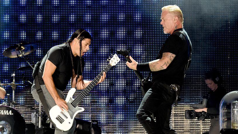 Robert Trujillo (L) and James Hetfield of Metallica perform at the Rose Bowl on July 29, 2017 in Pasadena, California, during the band's 8th leg of its WorldWired Tour. The 12th leg was announced Feb. 26, 2018. (Photo by Kevin Winter/Getty Images)