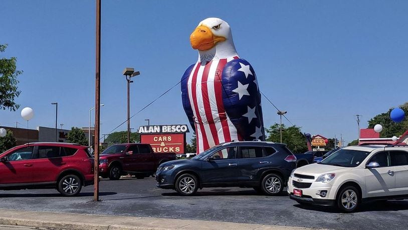 The city of Xenia has denied an exception that would have allowed Alan Besco Car and Truck Superstore, 62 Dayton Ave., to use “Annie the Eagle” for promotions. The 25-foot inflatable exceeds the city’s 12-foot height limit on business signs. CONTRIBUTED