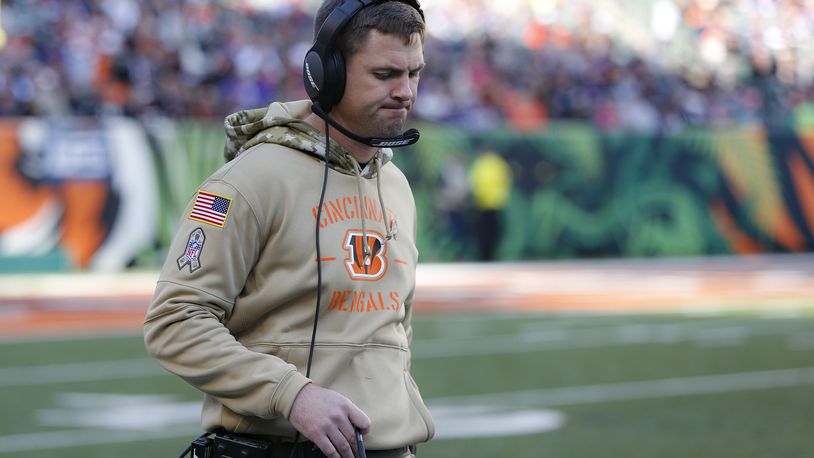 Cincinnati Bengals head coach Zac Taylor works the sidelines during the second half of NFL football game against the Baltimore Ravens, Sunday, Nov. 10, 2019, in Cincinnati. (AP Photo/Frank Victores)