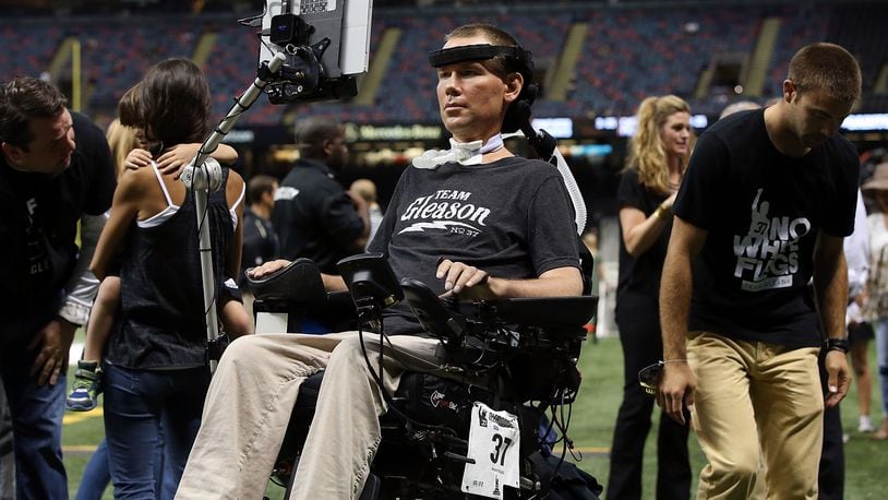 Former New Orleans Saints player Steve Gleason watches action prior to a game between the New Orleans Saints and the Atlanta Falconsat the Mercedes-Benz Superdome on October 15, 2015 in New Orleans, Louisiana.