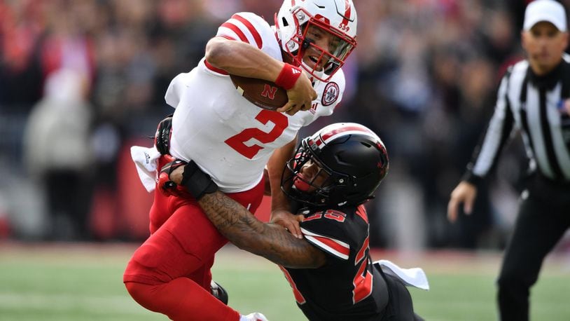 COLUMBUS, OH - NOVEMBER 3: Quarterback Adrian Martinez #2 of the Nebraska Cornhuskers is hauled down by Brendon White #25 of the Ohio State Buckeyes in the second quarter at Ohio Stadium on November 3, 2018 in Columbus, Ohio. (Photo by Jamie Sabau/Getty Images)