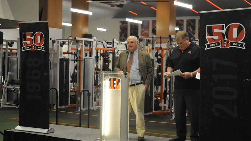 Cincinnati Bengals owner and president Mike Brown talks about the plans for the team to celebrate it’s 50th season at a press conference Thursday at Paul Brown Stadium. JAY MORRISON/STAFF