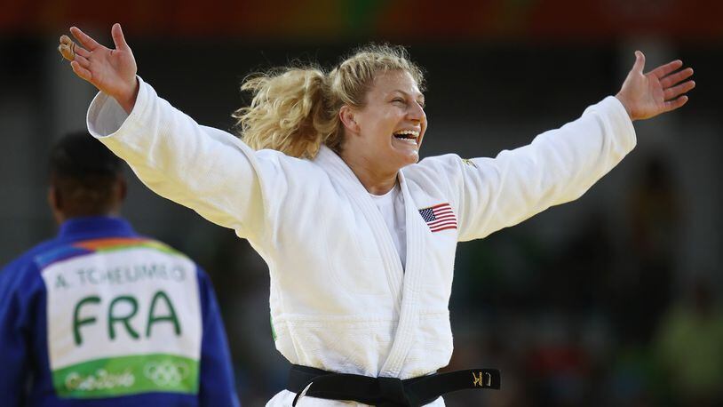 RIO DE JANEIRO, BRAZIL - AUGUST 11: Kayla Harrison of the United States celebrates after defeating Audrey Tcheumeo of France during the women’s -78kg gold medal judo contest on Day 6 of the 2016 Rio Olympics at Carioca Arena 2 on August 11, 2016 in Rio de Janeiro, Brazil. (Photo by Julian Finney/Getty Images)