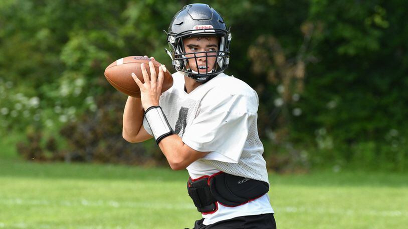 Tecumseh quarterback Will Sowder throws during a practice at the high school on Wednesday. Sowder, a junior, threw for 631 yards last season. BRYANT BILLING/ CONTRIBUTED