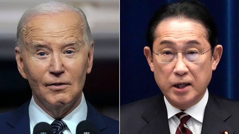 FILE - This photo combination shows U.S. President Joe Biden, left, taken in Washington on April 3, 2024, and Japanese Prime Minister Fumio Kishida, taken in Tokyo on March 28, 2024. Prime Minister Kishida is making an official visit to the United States this week. He will hold a summit with President Biden that's meant to achieve a major upgrading of their defense alliance.(AP Photo/File)
