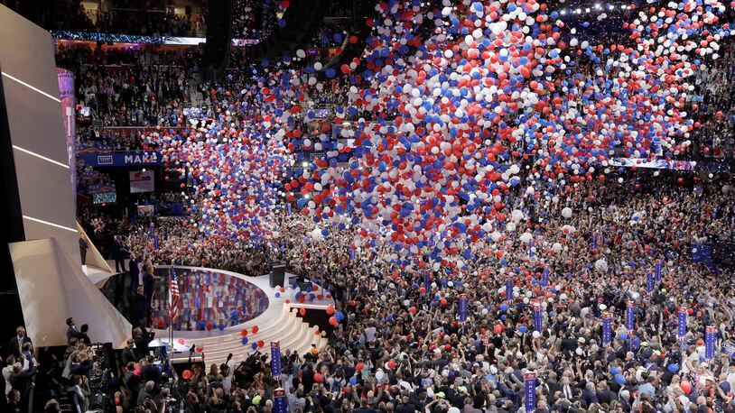 Balloons fall after Republican Presidential Candidate Donald Trump, addresses the delegates during the final day of the Republican National Convention in Cleveland, Thursday, July 21, 2016. (AP Photo/John Locher)