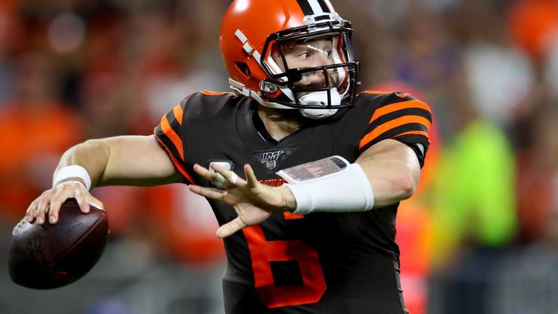 CLEVELAND, OHIO - SEPTEMBER 22: Quarterback Baker Mayfield #6 of the Cleveland Browns throws the ball against the Los Angeles Rams during the second quarter of the game at FirstEnergy Stadium on September 22, 2019 in Cleveland, Ohio. (Photo by Gregory Shamus/Getty Images)