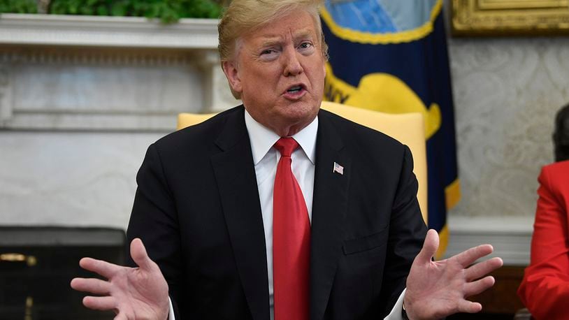 President Donald Trump speaks during a meeting with Fabiana Rosales, a Venezuelan activist who is the wife of Venezuelan opposition leader Juan Guaido, in the Oval Office of the White House in Washington, Wednesday, March 27, 2019. (AP Photo/Susan Walsh)