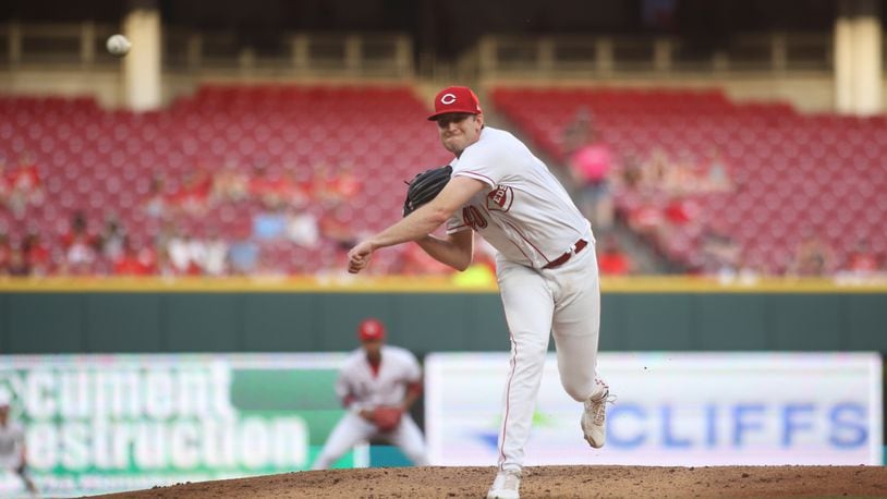 Reds starter Nick Lodolo pitches against the Phillies on Thursday, April 13, 2023, at Great American Ball Park in Cincinnati. David Jablonski/Staff