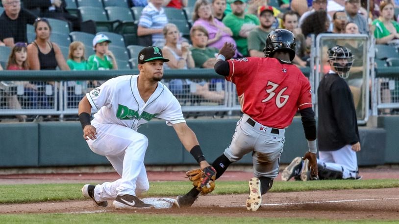 Dayton Dragons third baseman Juan Martinez tags Wisconsin Timber Rattlers second baseman Korry Howell during their game on Thursday night at Fifth Third Field. Howell was safe on the play and the Timber Rattlers won 1-0. CONTRIBUTED PHOTO BY MICHAEL COOPER