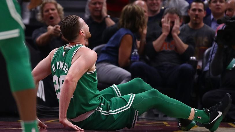 Gordon Hayward #20 of the Boston Celtics is sits on the floor after being injured while playing the Cleveland Cavaliers at Quicken Loans Arena on October 17, 2017 in Cleveland, Ohio.