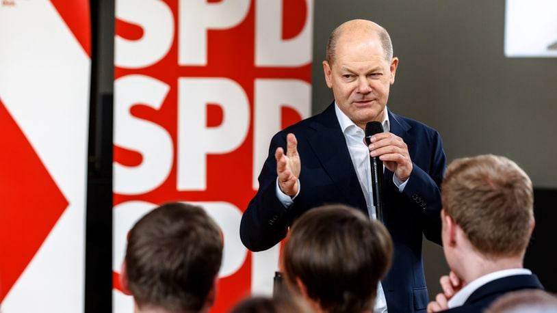 German Chancellor Olaf Scholz speaks at a Citizens' Dialogue organized by the Lüneburg SPD to kick off his party's European election campaign, in Luneburg, Germany, Saturday April 27, 2024. (Markus Scholz/dpa via AP)