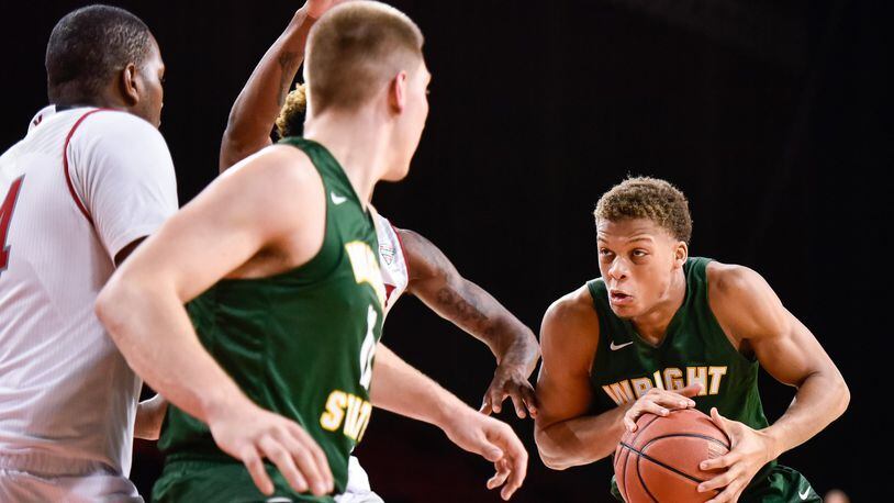 Wright State’s Everett Winchester drives to the hoop earlier this season at Miami. NICK GRAHAM/STAFF