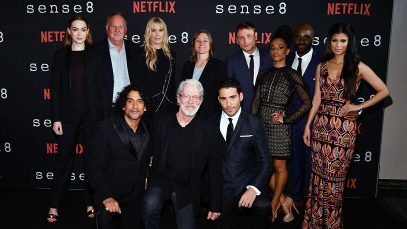 The cast of "Sense8", front row from left: Naveen Andrews, Terrence Mann, Miguel Angel Silvestre; and back row, from left: Jamie Clayton, Grant Hill, Daryl Hannah, Cindy Holland, Max Riemelt, Freema Agyeman, Toby Onwumere and Tina Desai,