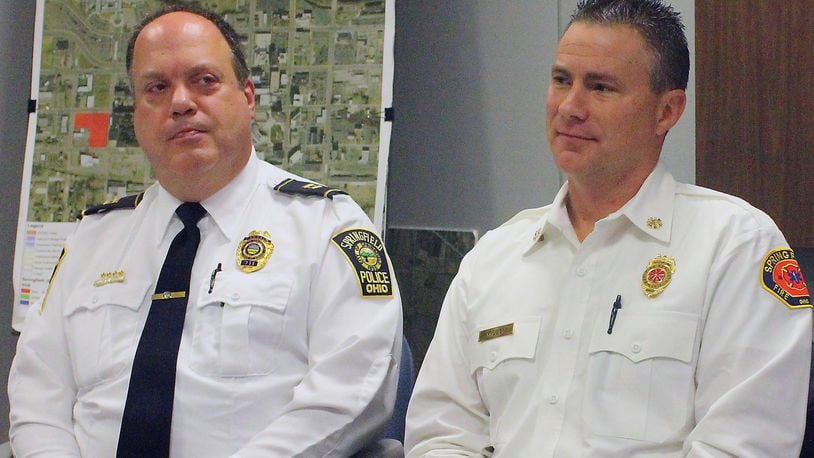 Springfield Police Chief Lee Graf (left) shown with new Springfield Fire Chief Brian Miller. JEFF GUERINI/STAFF