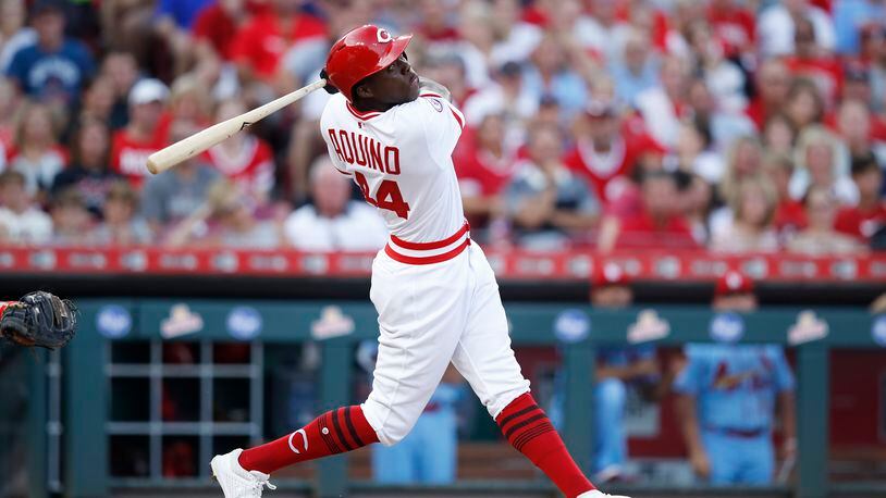 CINCINNATI, OH - AUGUST 17: Aristides Aquino #44 of the Cincinnati Reds bats in the third inning against the St. Louis Cardinals at Great American Ball Park on August 17, 2019 in Cincinnati, Ohio. The Reds won 6-1. (Photo by Joe Robbins/Getty Images)