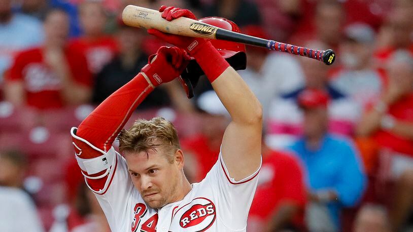 Cincinnati Reds’ Brian O’Grady reacts as he faces San Diego Padres starting pitcher Cal Quantrill durong the second inning of a baseball game Tuesday, Aug. 20, 2019, in Cincinnati. (AP Photo/John Minchillo)